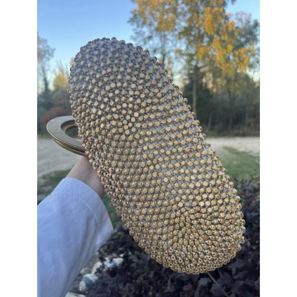 Vintage 90s The Sak beige cream crochet beaded top wood handle bag retro beachy